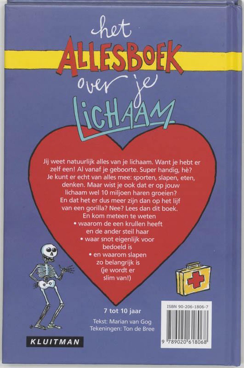 Achterkant van een boek met de titel 'het ALLESBOEK over je LICHAAM'. Een rode hartvormige tekstvak met informatie. Schedel, verbanddoos en sokken op waslijn.