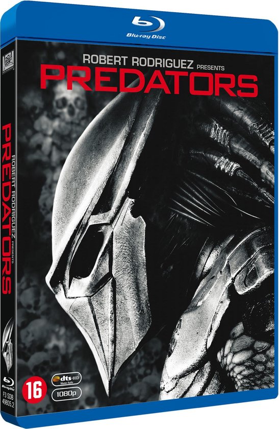 Blu-ray hoes van "Predators" in perspectief, met Predator-masker, "Robert Rodriguez", "Predators" tekst, 16-rating, "DTS-HD" en "1080p".
