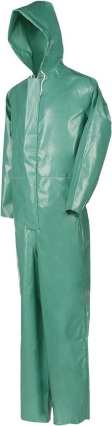 Groene Sioen BOTLEK overall met capuchon, ritssluiting en witte trekkoorden.