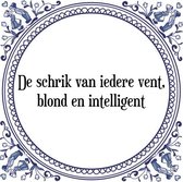 Tegeltje met Spreuk (Tegeltjeswijsheid): De schrik van iedere vent, blond en intelligent + Kado verpakking & Plakhanger