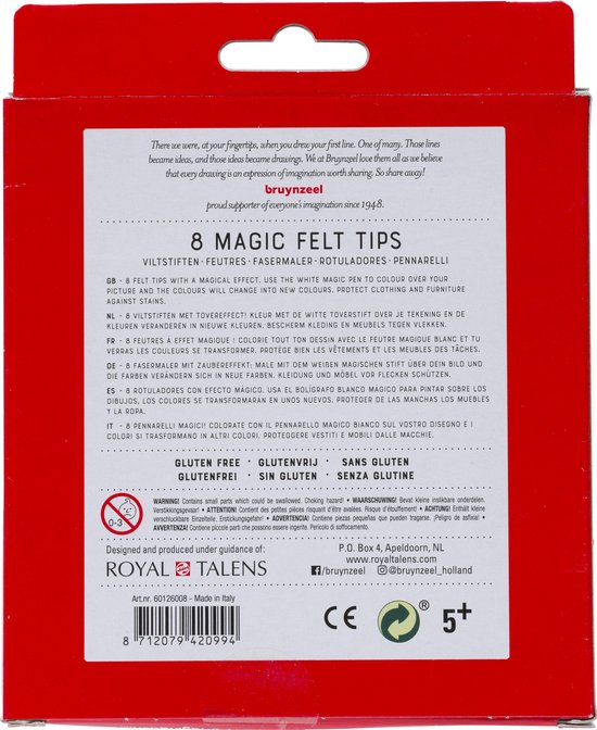 Achterkant van een doos met 8 Bruynzeel Magic viltstiften met productinformatie.