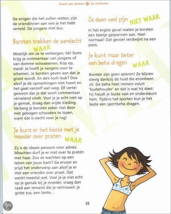 Pagina met tekst en illustratie van een lachend meisje over het dragen van een beha.