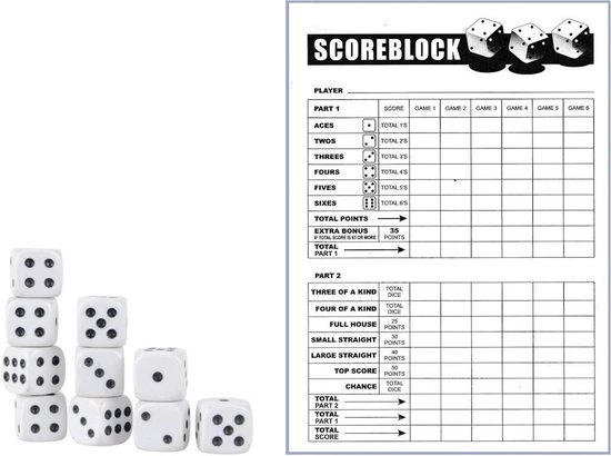 Ongebruikt bol.com | Yahtzee Scoreblok + 10x Witte Dobbelstenen - Spel voor XJ-98