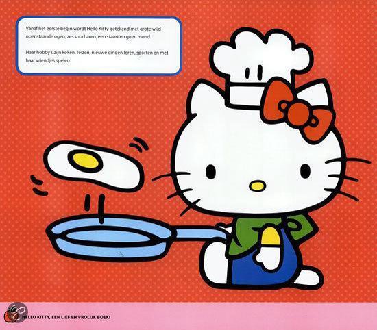 Hello Kitty als kok met een koekenpan en een gebakken ei.