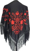Spaanse manton/omslagdoek zwart rood bij flamenco jurk verkleedkleding