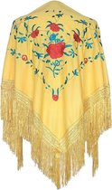 Spaanse manton - omslagdoek - geel met bloemen bij verkleedkleding of Flamenco jurk