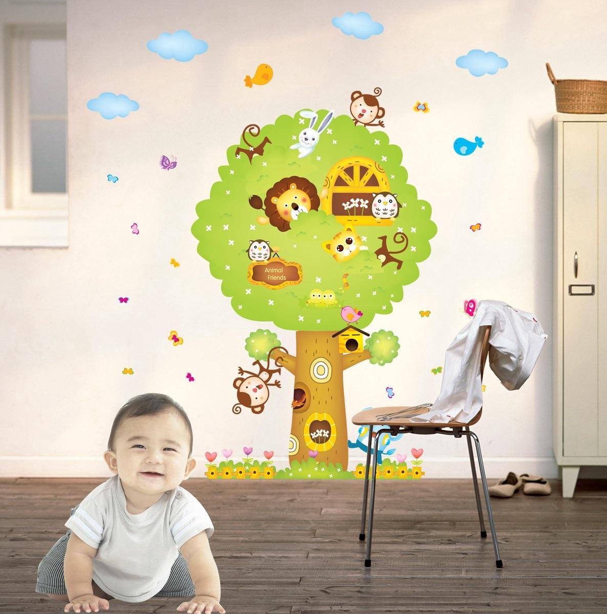 Muursticker Boom Met Dieren Vogel Uil Konijn Poes Aap - Muursticker voor Kinderkamer Babykamer Boom