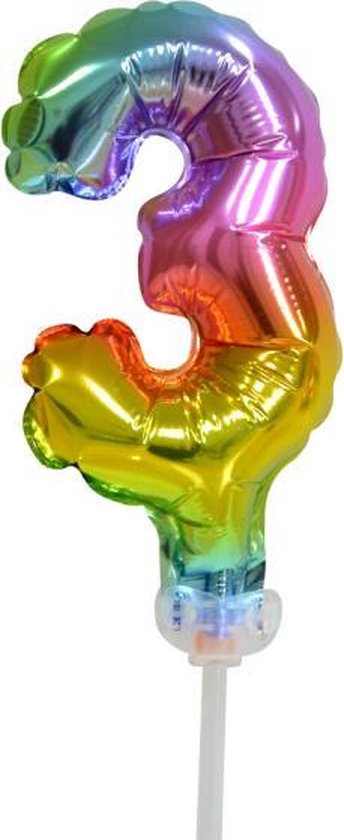 Folie ballon cijfer 3 is 13 cm groot regenboog kleuren