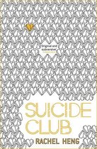 Boek 'Suicide Club' door Rachel Heng met gele tekst en een patroon van hartjes.