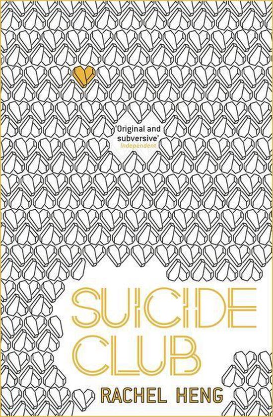 Boek 'Suicide Club' door Rachel Heng met gele tekst en een patroon van hartjes.