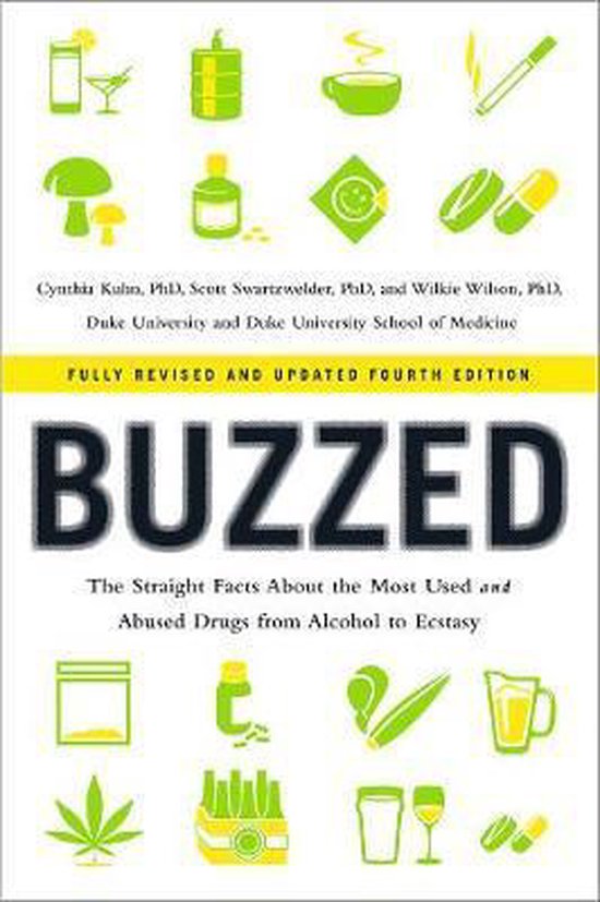 Boek 'BUZZED' met illustraties van drugs en de tekst 'Fully Revised and Updated Fourth Edition'.