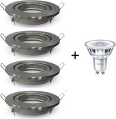 Dimbare Philips GU10 Inbouwspot | 4.4W Extra warm wit | Zilver mat rond| Set van 4 stuks