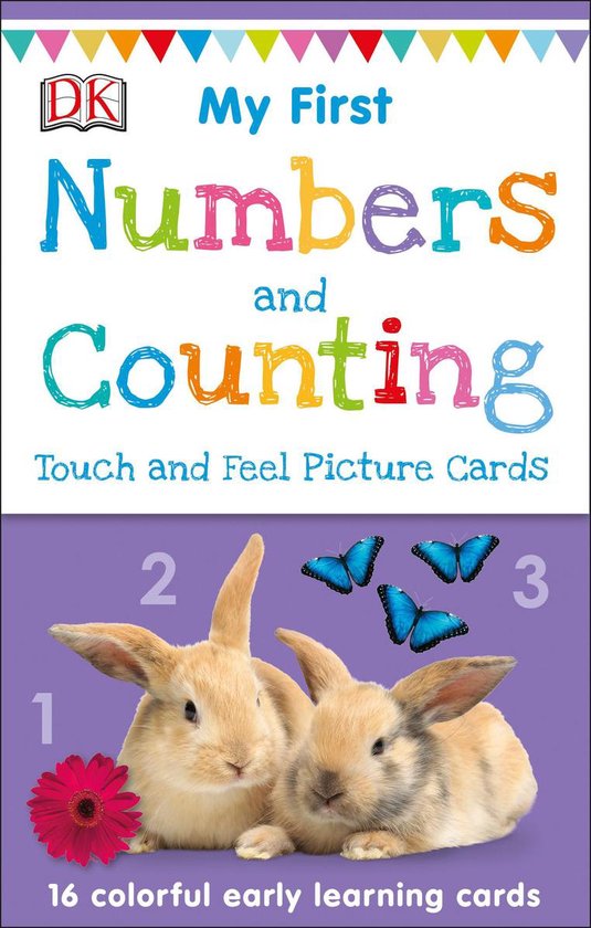 Boek 'My First Numbers and Counting' met twee konijntjes, vlinders en een bloem. Bevat 16 leerkaarten.