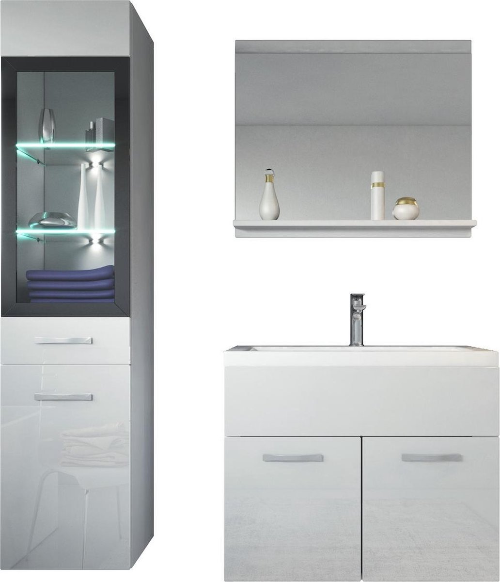Badplaats Badkamermeubel Set Rio LED 60 cm x 35 cm - Wit Hoogglans - Badmeubel met spiegel en zijkast