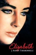 Close-up van Elizabeth Taylor met paarse ogen, gedetailleerde make-up en glanzende lippen. De titel 'Elizabeth' staat in rode letters.