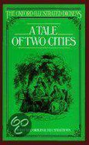 Boek "A Tale of Two Cities" uit "The Oxford Illustrated Dickens" met een illustratie van twee figuren onder een boom.