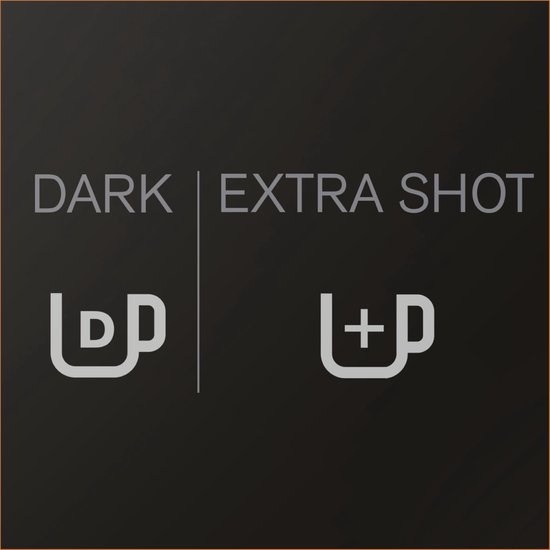 Tekst "DARK" en "EXTRA SHOT" met kopje-iconen.