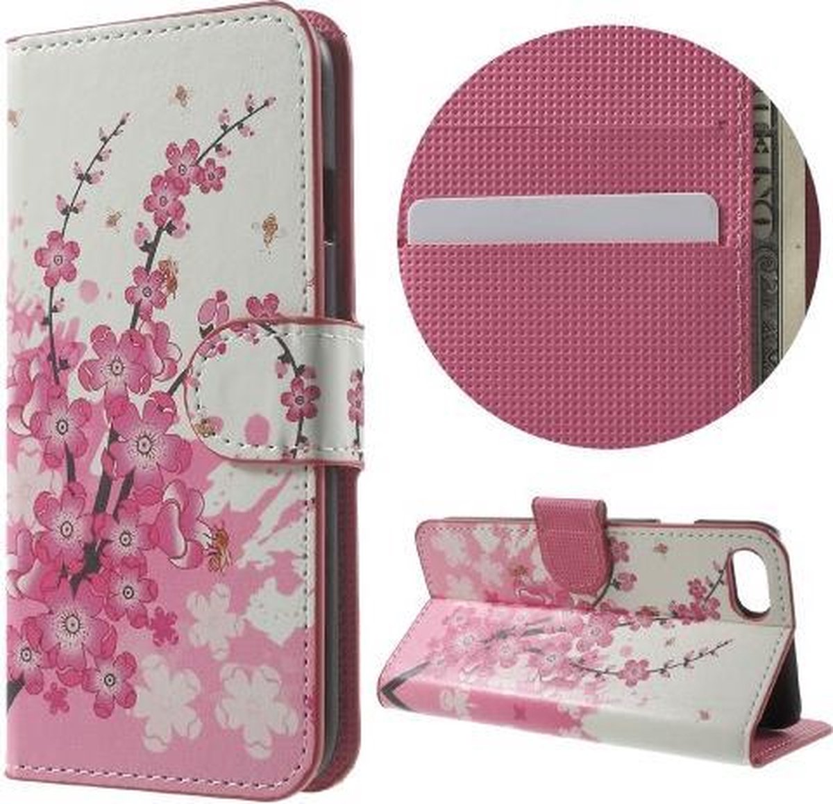 Roze bloemen book case wallet hoesje Iphone 7 / 8