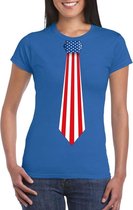 Blauw t-shirt met Amerikaanse vlag stropdas dames - Amerika supporter L