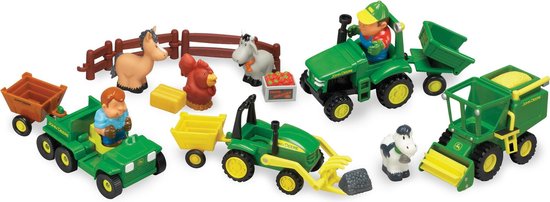 Speelgoed boerderij set met tractor, oogstmachine, pick-up truck, boer, dieren en hek. Groen en geel.