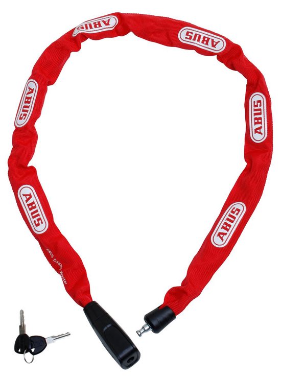 Rood ABUS kettingslot met witte ABUS logo's. Inclusief twee sleutels.