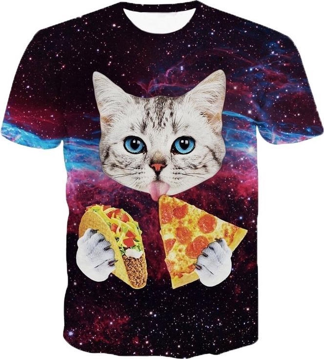 Pizza en taco kat Festival shirt - Maat: XL - Crew neck - Feestkleding - Festival Outfit - Fout Feest - T-shirt voor festivals - Rave party kleding - Rave outfit - Kattenshirt - Nineties