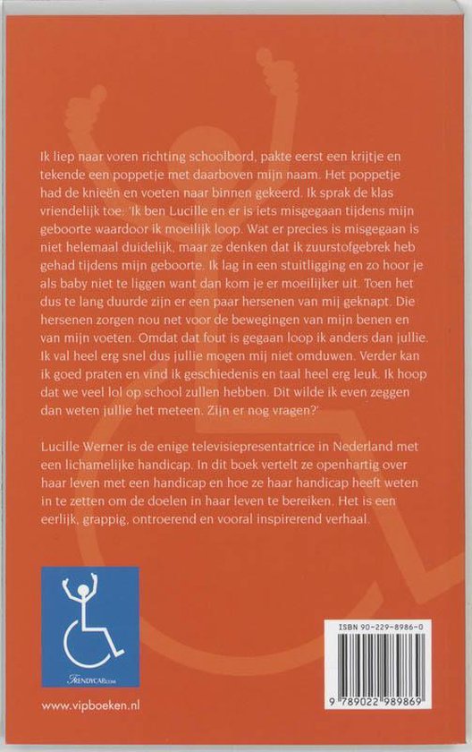 Achterkant van een boek met tekst en een symbool voor handicap.