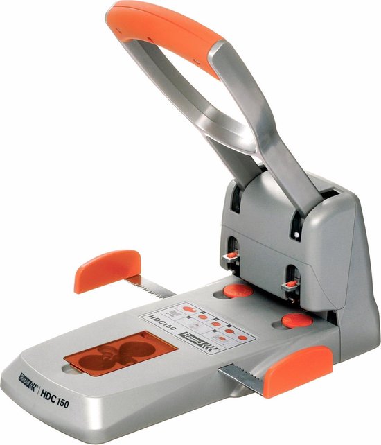 Grijze perforator met oranje handvat, met 'HDC 150' en Rapid logo's, met randgeleiders.