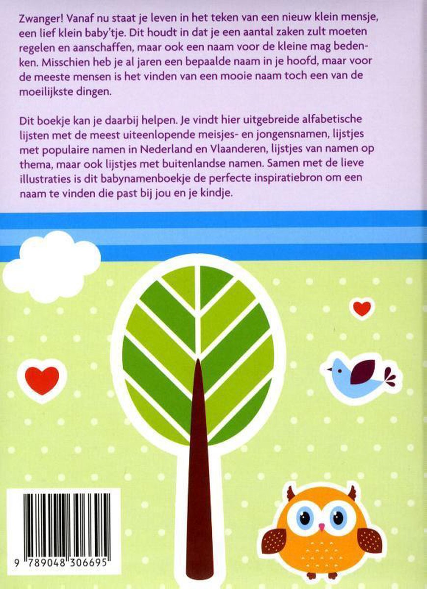 Boek 'het babynamen boekje' met een boom, uil en vogels op een groene achtergrond