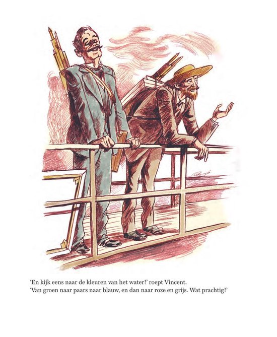 Twee mannen op een balustrade. De ene, met hoed, leunt voorover en gebaart. De ander kijkt naar de lucht.