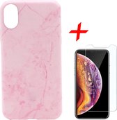 Marmer Hoesje geschikt voor Apple iPhone Xs Max Siliconen TPU Soft Gel Case Roze + Tempered Glass Screenprotector van iCall