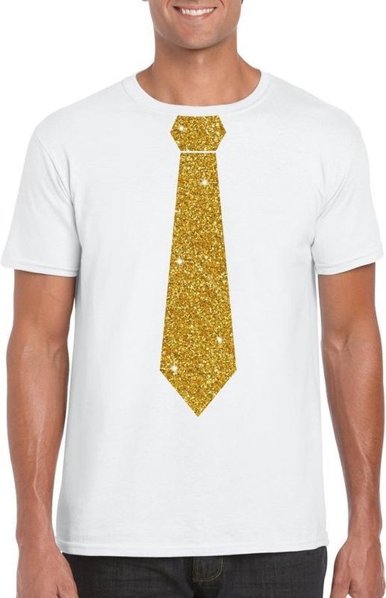 Wit fun t-shirt met stropdas in glitter goud heren M