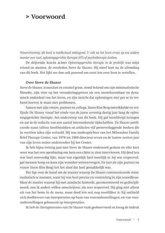 Bladzijde met het voorwoord van het boek 'Oplossingsgerichte therapie in de praktijk'.