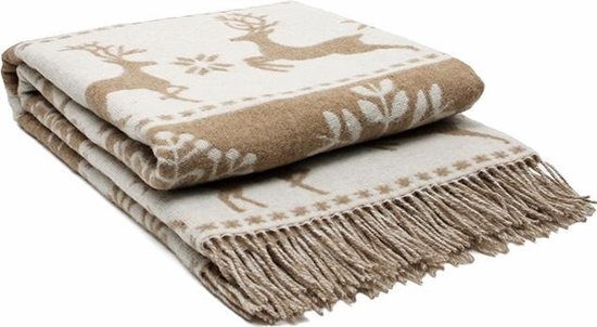 LYHome Merino Wollen Deken - Plaid Wol voor Sofa Bank & Bed, Merinowol Blanket Zachte Warme, Grote Sprei Merinowollen, Plaids Schapenwollen (140 x 200 cm | Rood met Wit Rendier