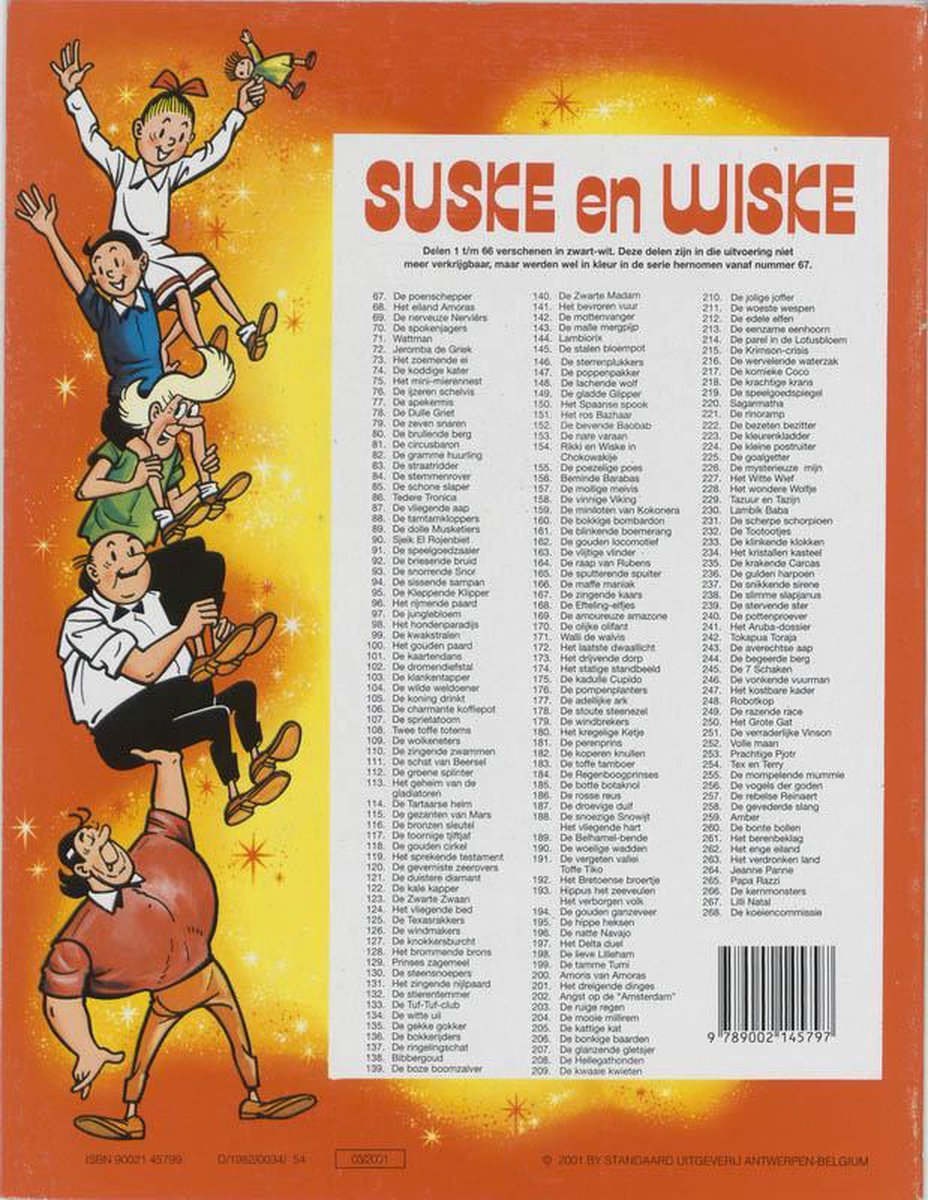 Achterkant van Suske en Wiske album met een lijst van 68 titels. Twee karakters balanceren op één been, terwijl anderen op hen springen.