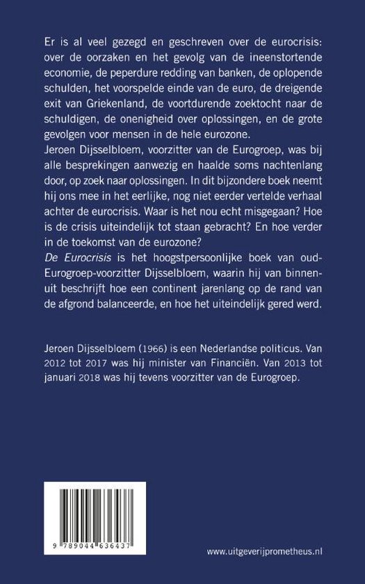 Achterkant van het boek 'De Eurocrisis' met tekst over de inhoud en een korte biografie van Jeroen Dijsselbloem.