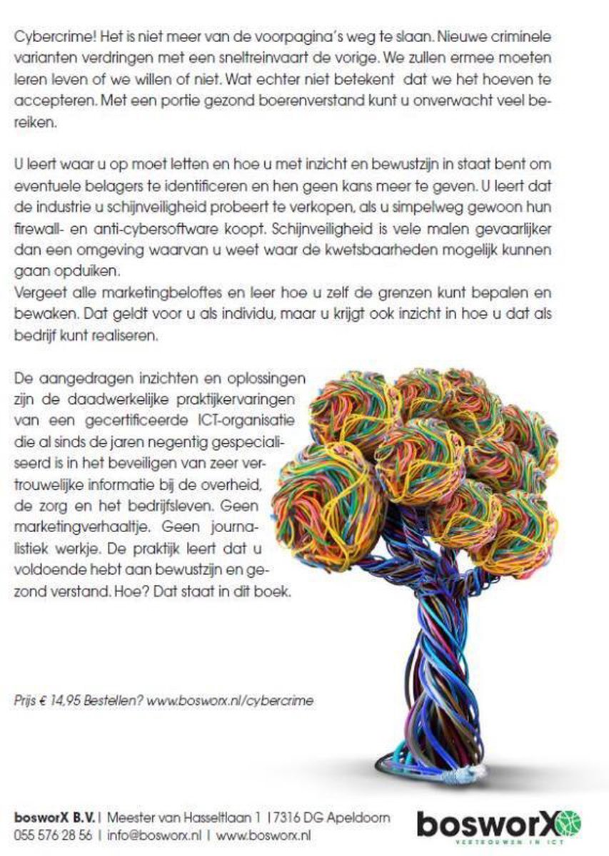 Afbeelding van een gekleurde draadboom, met tekst over cybercrime en contactgegevens van Bosworx.