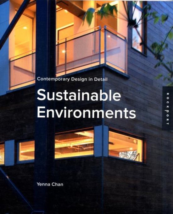 Boekomslag van 'Sustainable Environments' met een modern houten gebouw en verlichte balkons.