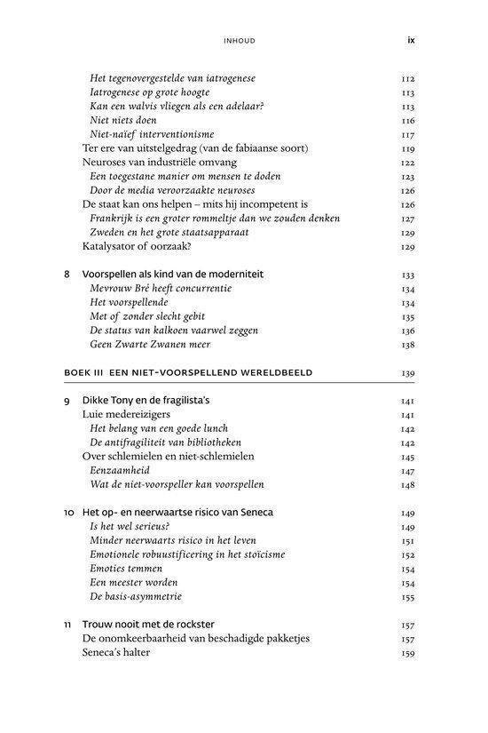 Inhoudsopgave van een boek met hoofdstukken als 'Iatrogenese', 'Dikke Tony en de fragilista's' en 'Troost nooit met de rockster'.