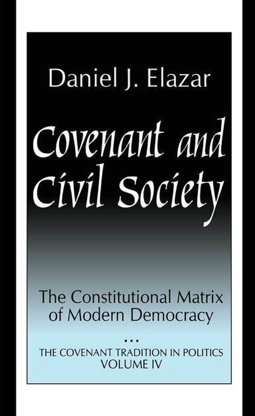 Boekomslag: Covenant and Civil Society door Daniel J. Elazar, met een zwart-naar-blauw verloop.