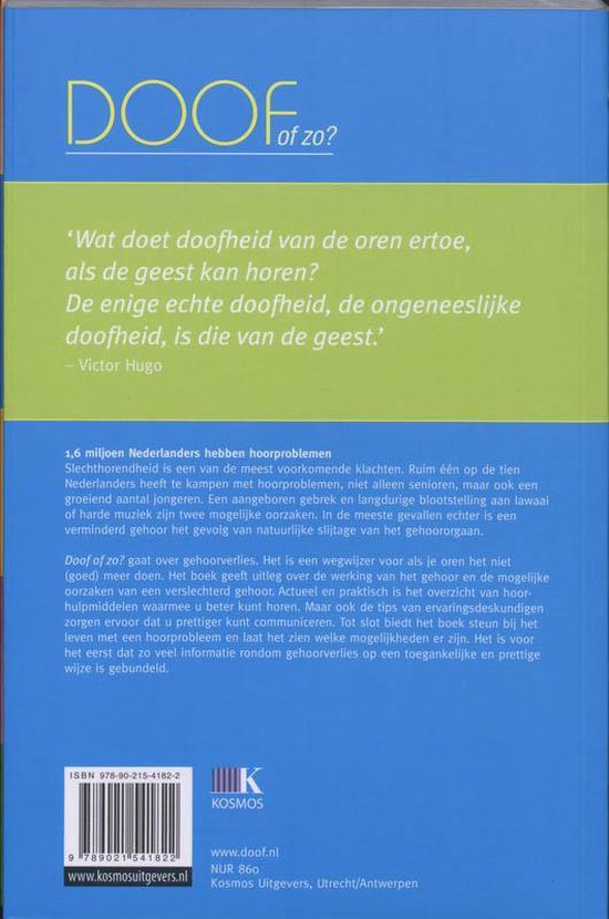 Achterkant van een boek met de titel 'Doof of zo?', een citaat en tekst over gehoorverlies.