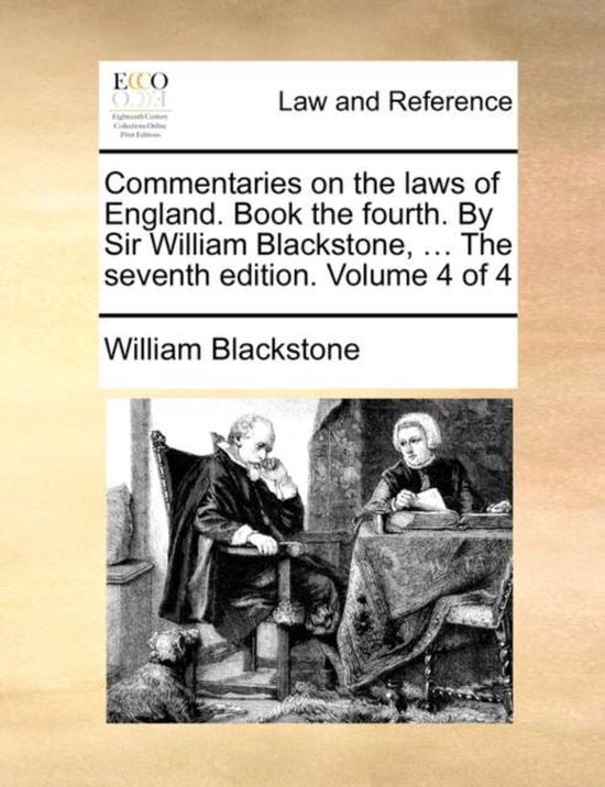 Illustratie van een man en vrouw aan een tafel met een hond op de grond. Titel: Commentaries on the laws of England.