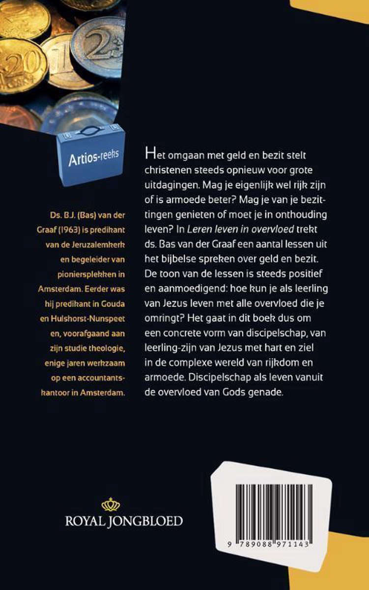 Boekcover met stapel munten en tekst 'Leren leven in overvloed'.