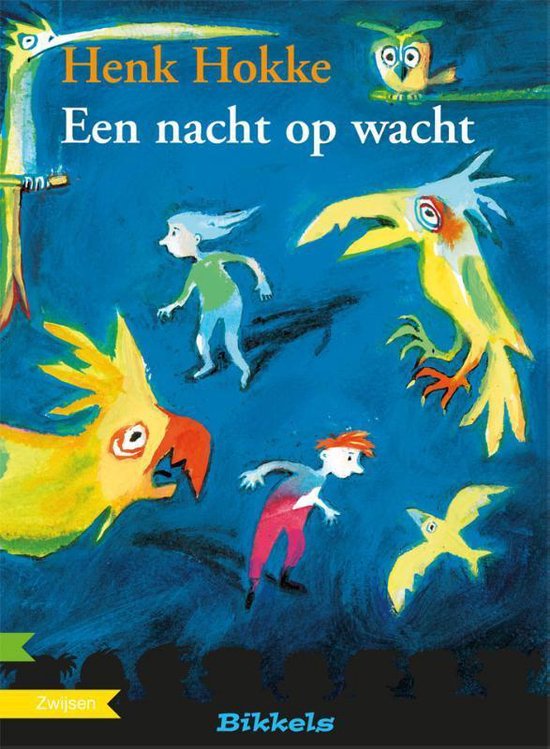 Boekcover met de titel 'Een nacht op wacht' van Henk Hokke. Illustratie van kleurrijke vogels en twee kinderen in een nachtelijke omgeving.