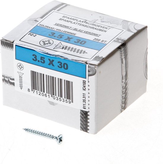 Spaanplaatschroef - Pozidrive 2 - 3,5 x 30mm - Voldraad - Verzinkt (200 stuks)