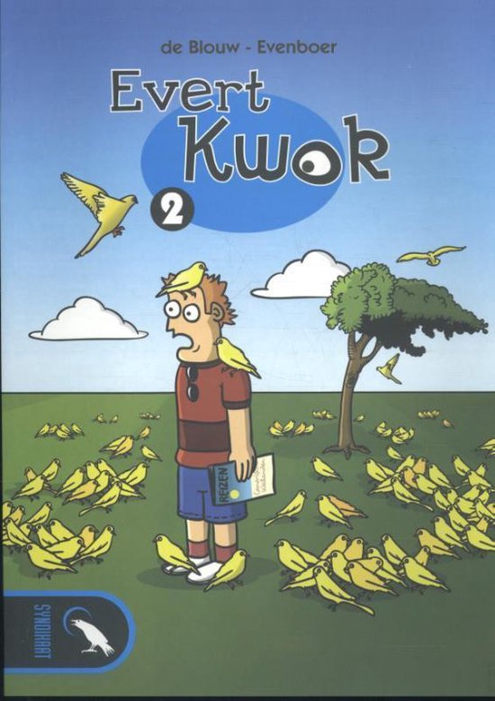 De cover van "Evert Kwok 2". Een man met gele vogels op zijn schouders en hoofd, omringd door vele gele vogels in een veld.