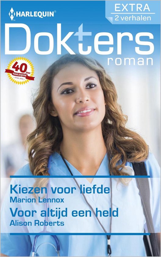 Een vrouwelijke arts in medische kleding met een stethoscoop om haar nek. Titel: Doktersroman Extra, 2 verhalen.