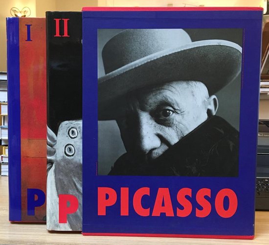 Boek met portret van Picasso, met rode letters 'PICASSO' op de blauwe voorkant.