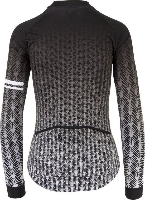Achterkant zwart fietsshirt met lange mouwen, geometrisch grijs-wit patroon dat vervaagt naar onderen. Twee witte strepen op de linkermouw.