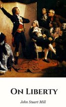 Boekomslag van 'On Liberty' door John Stuart Mill met schilderij van mannen in historische kledij.